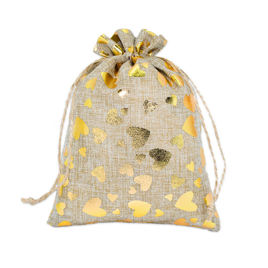 6" x 8" Jute Burlap Gold Heart Drawstring Gift Bags