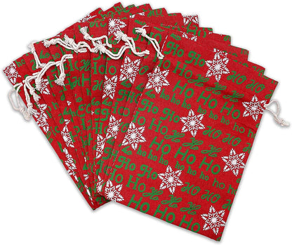 6" x 8" Jute Burlap Red Christmas Ho Ho Ho Drawstring Gift Bags