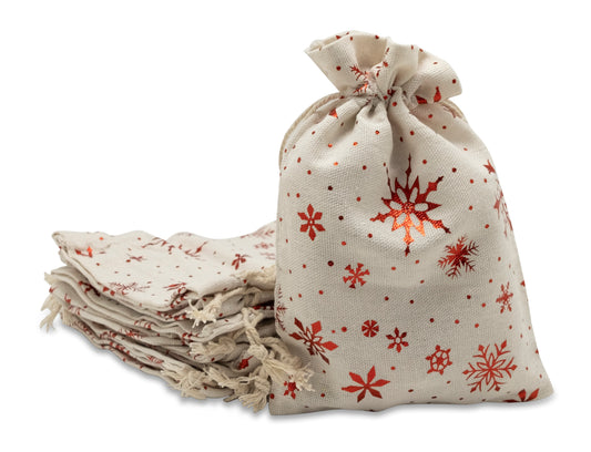 6" x 8" Cotton Muslin Red Snowflake Drawstring Gift Bags