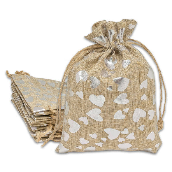 6" x 8" Jute Burlap Silver Heart Drawstring Gift Bags