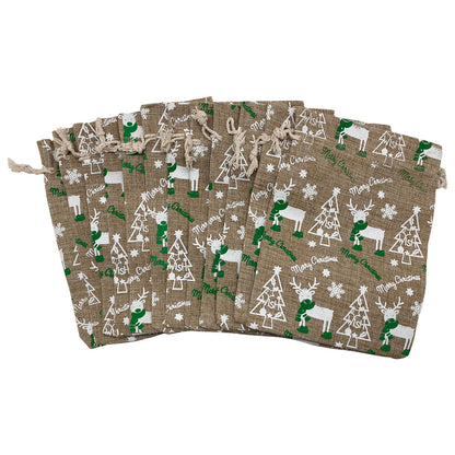 6" x 8" Jute Burlap White Reindeer Christmas Drawstring Gift Bags