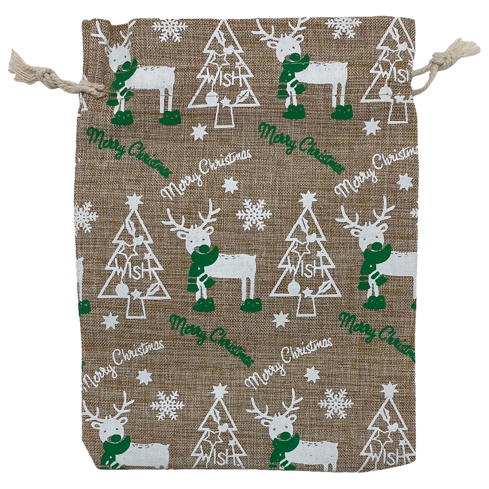 6" x 8" Jute Burlap White Reindeer Christmas Drawstring Gift Bags