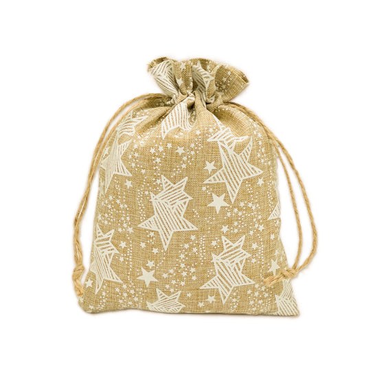 6" x 8" Jute Burlap White Star Drawstring Gift Bags