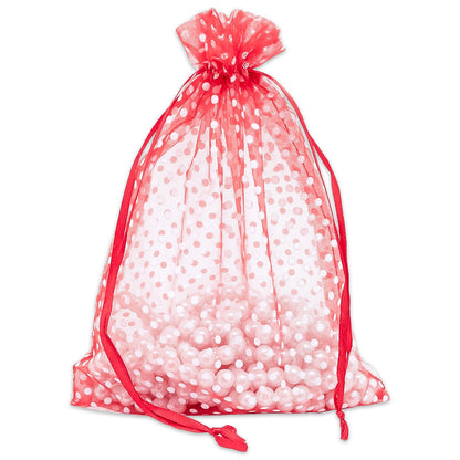 Red with White Polka Dot Organza Drawstring Pouch Gift Bags