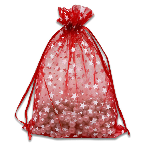 Red with White Star Organza Drawstring Pouch Gift Bags