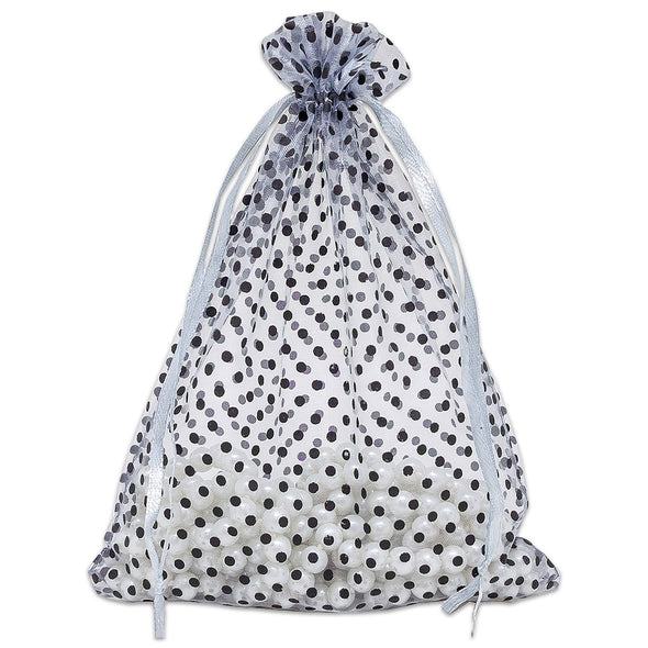 Silver with Black Polka Dot Organza Drawstring Pouch Gift Bags