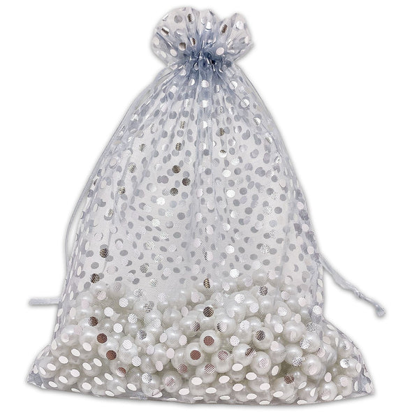 Silver with Silver Polka Dot Organza Drawstring Pouch Gift Bags