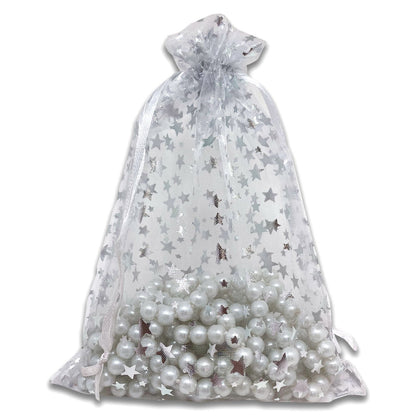 White with Silver Star Organza Drawstring Pouch Gift Bags