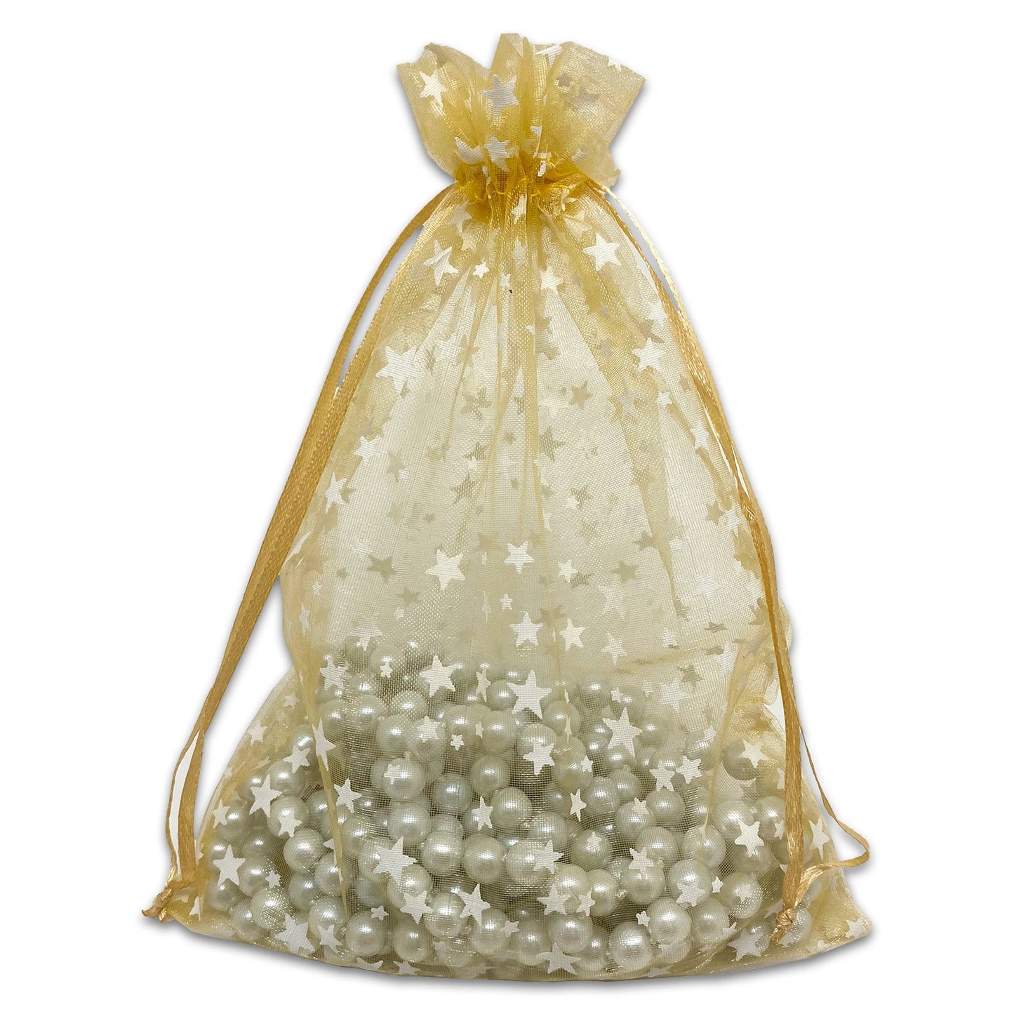Gold with White Star Organza Drawstring Pouch Gift Bags