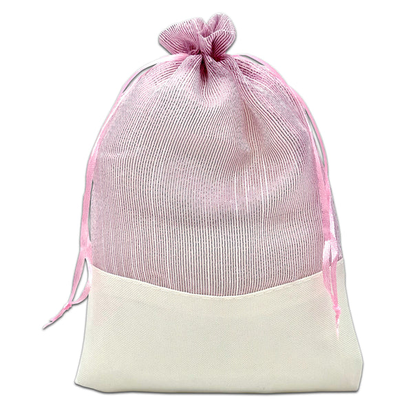 Pink Organza and White Linen Drawstring Pouch Gift Bags