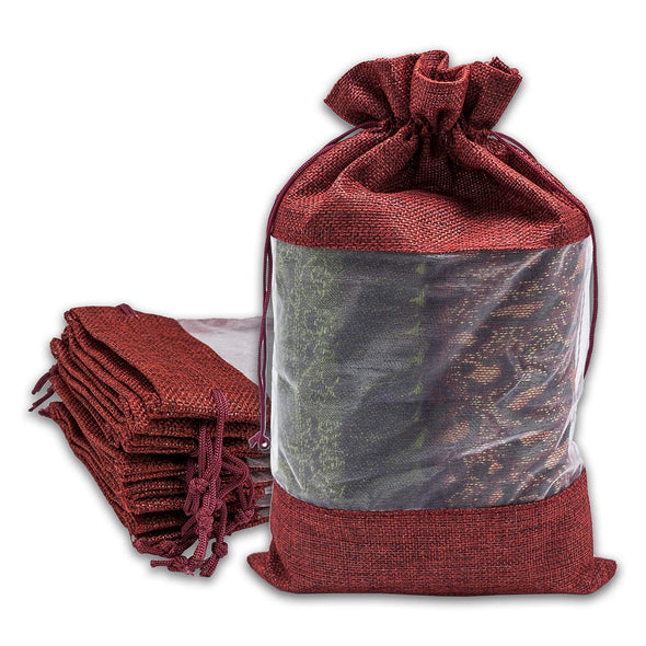 7 1/2" x 11 1/2" Linen Burlap and Sheer Organza Maroon Gift Bag