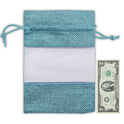 7 1/2" x 11 1/2" Linen Burlap and Sheer Organza Teal Blue Gift Bag