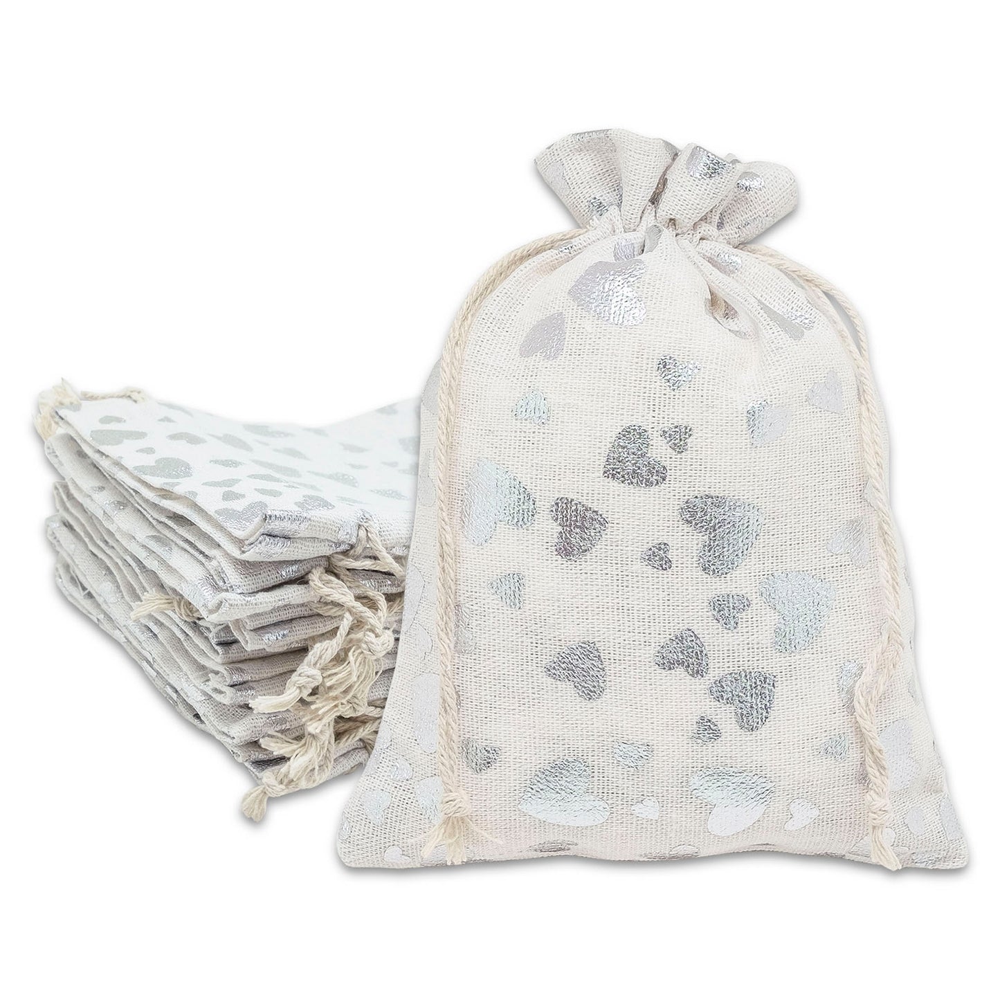 8" x 10" Cotton Muslin Silver Heart Drawstring Gift Bags