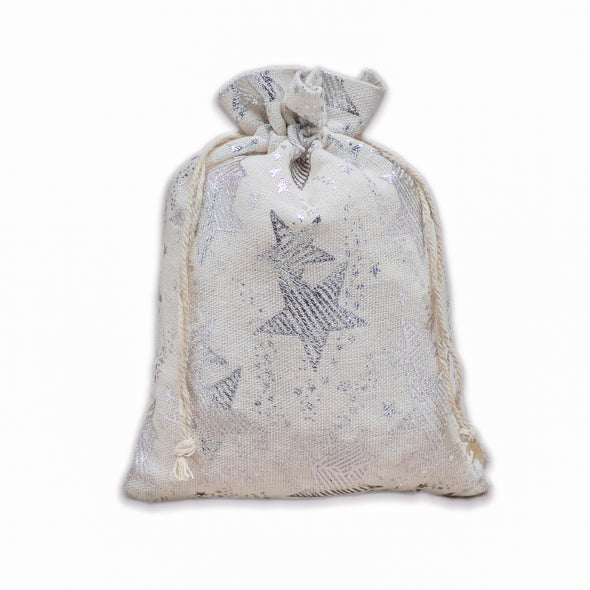 8" x 10" Cotton Muslin Silver Star Drawstring Gift Bags