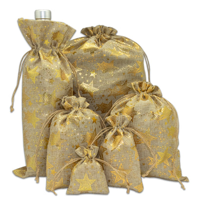 8" x 10" Jute Burlap Gold Star Drawstring Gift Bags