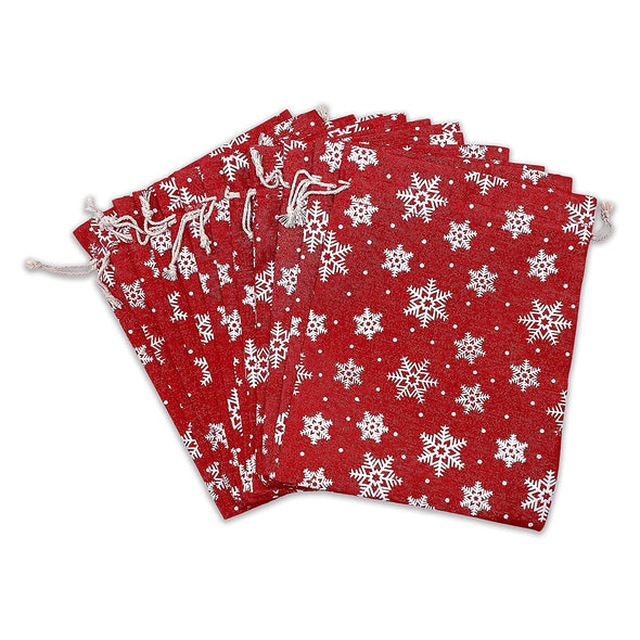 8" x 10" Jute Burlap Red Christmas White Snowflake Drawstring Gift Bags