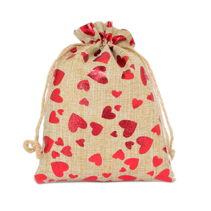 8" x 10" Jute Burlap Red Heart Drawstring Gift Bags