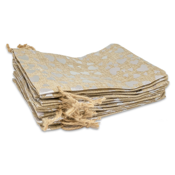8" x 10" Jute Burlap Silver Heart Drawstring Gift Bags