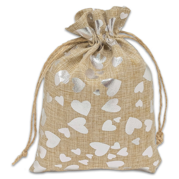 8" x 10" Jute Burlap Silver Heart Drawstring Gift Bags