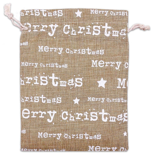 8" x 10" Jute Burlap White Merry Christmas Drawstring Gift Bags