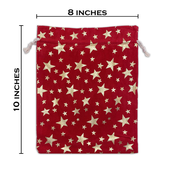 8" x 10" Red Velvet Gold Star Christmas Drawstring Gift Bags