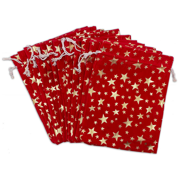8" x 10" Red Velvet Gold Star Christmas Drawstring Gift Bags
