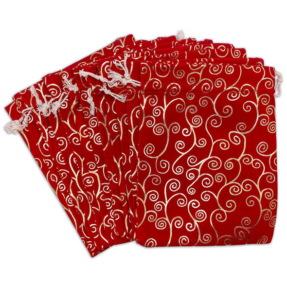 8" x 10" Red Velvet Gold Swirl Christmas Drawstring Gift Bags