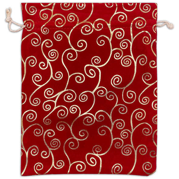8" x 10" Red Velvet Gold Swirl Christmas Drawstring Gift Bags
