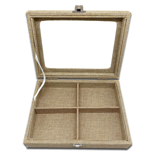 8" x 6" Beige Burlap 4 Compartment Display Case w/ Glass Top