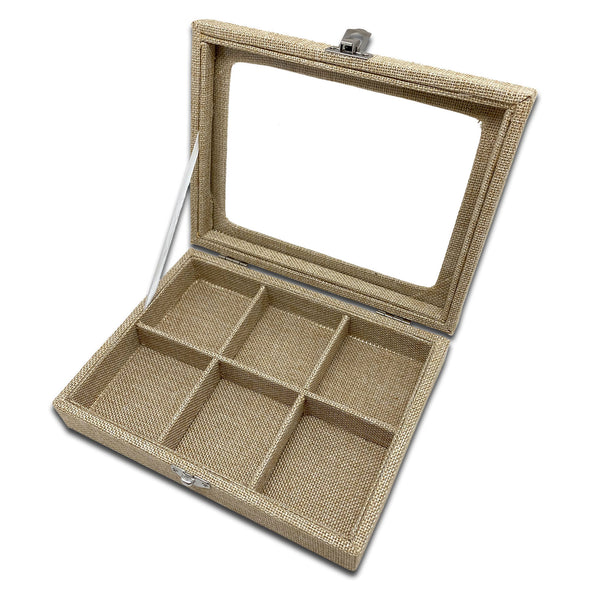 8" x 6" Beige Burlap 6 Compartment Display Case w/ Glass Top