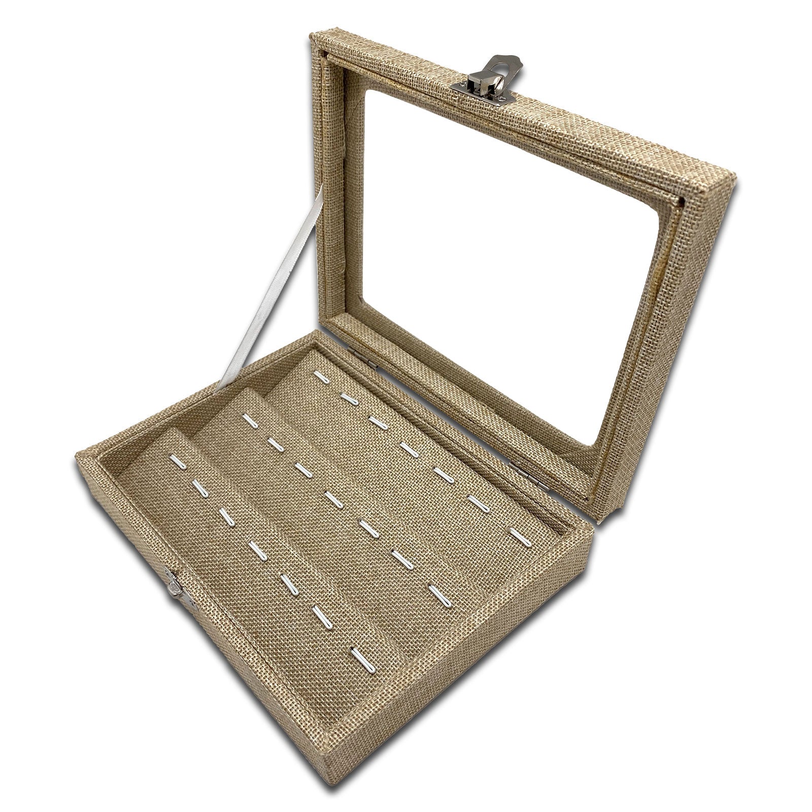 8" x 6" Beige Burlap Display Case w/ Glass Top for 21 Pendants/Charms
