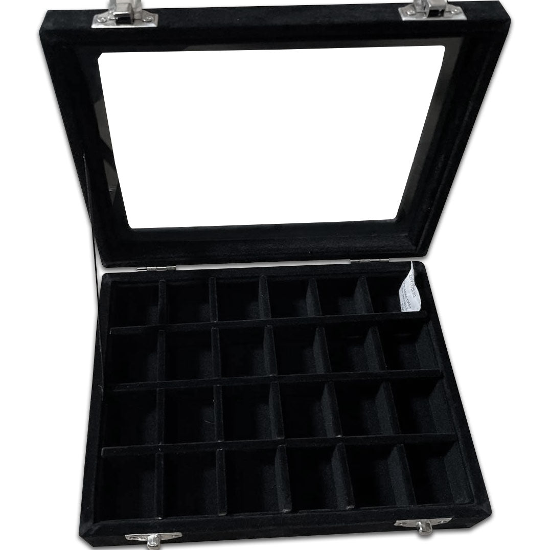 8" x 6" Black Velvet 24 Compartment Display Case w/ Glass Top