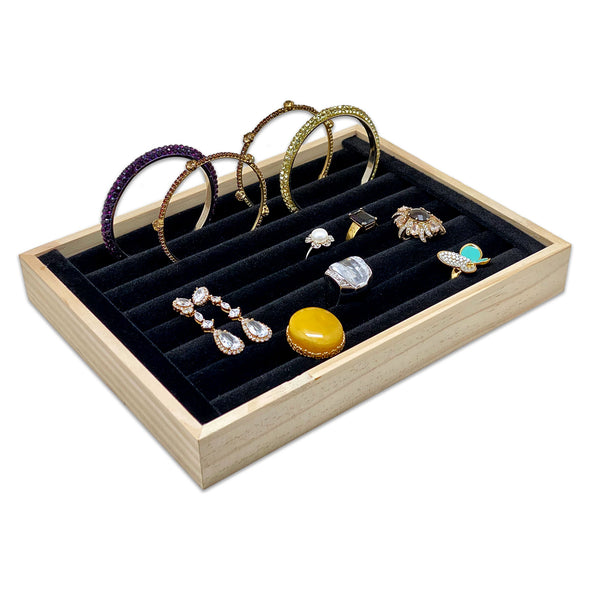 9 1/2" x 7" Wood Black Velvet 8 Roll Ring Display Tray