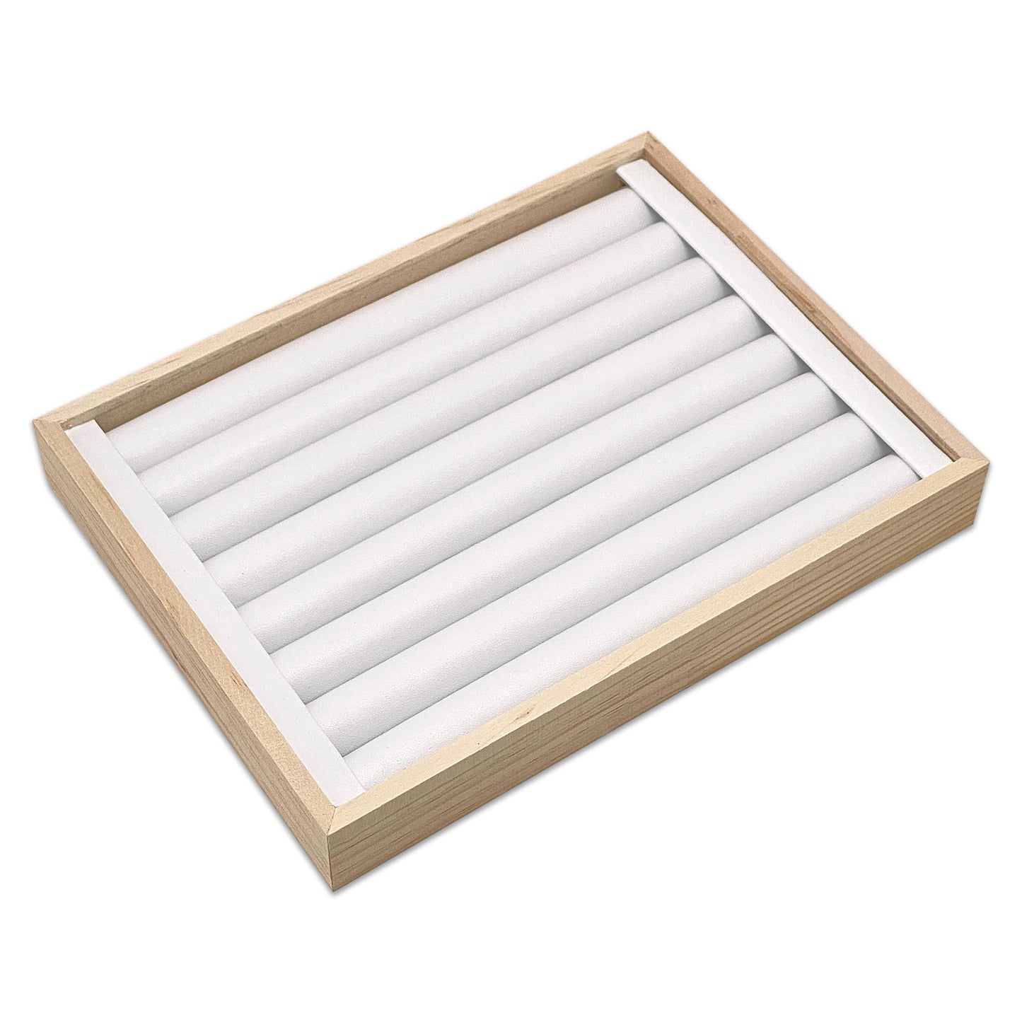 9 1/2" x 7" Wood White Leatherette 8 Roll Ring Display Tray