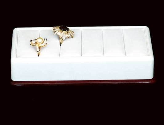 White Leatherette 5 Slit Ring Display Case Shelf with Wood Base