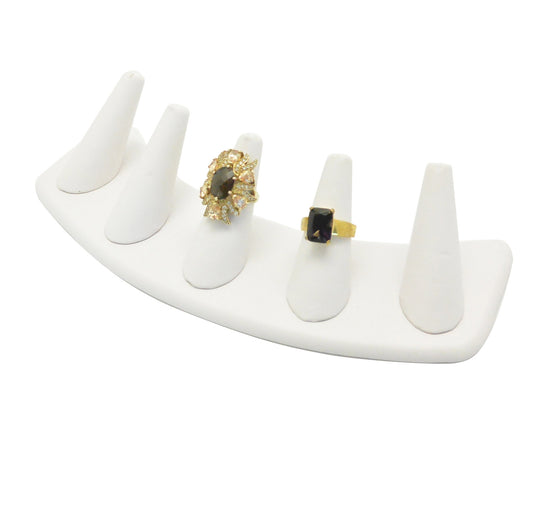 5 Finger White Leatherette Counter Top Ring Display