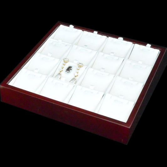 White Leatherette 16 Earring Jewelry Display Tray Wooden Frame