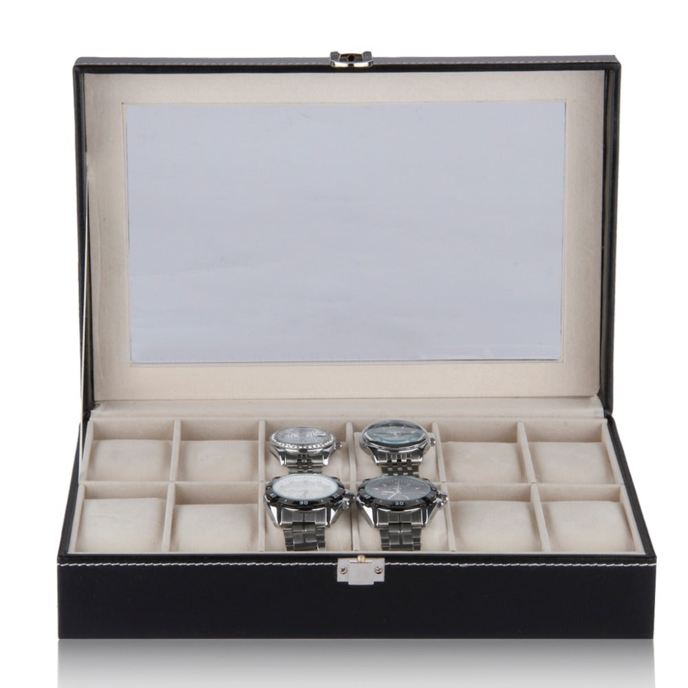 Black Leatherette Glass Top Watch Carrying Case