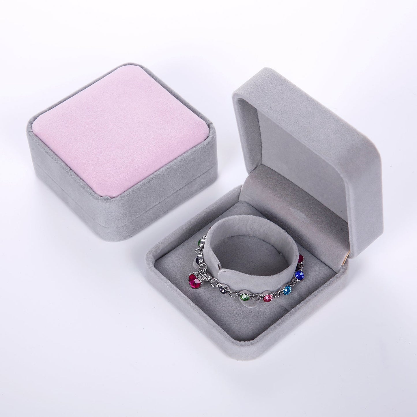 Single Deluxe Plush Gray with Light Pink Top Velvet Bracelet/Watch Jewelry Box