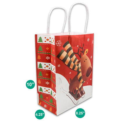 Kraft Paper Christmas Reindeer Sleigh Shopping Gift Bags (12-Pack)