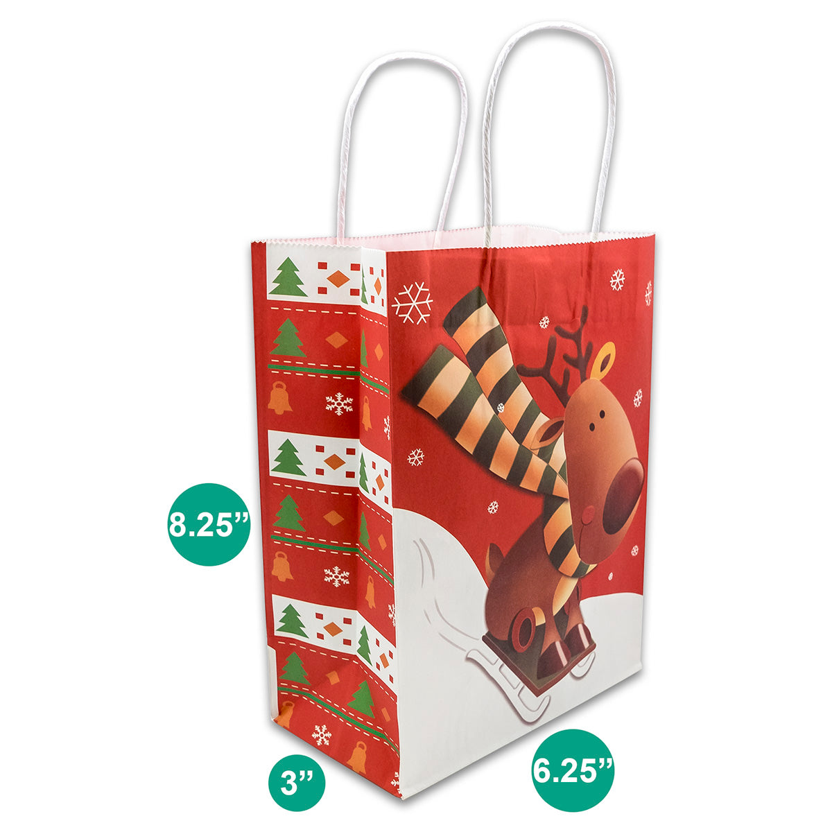 Kraft Paper Christmas Reindeer Sleigh Shopping Gift Bags (12-Pack