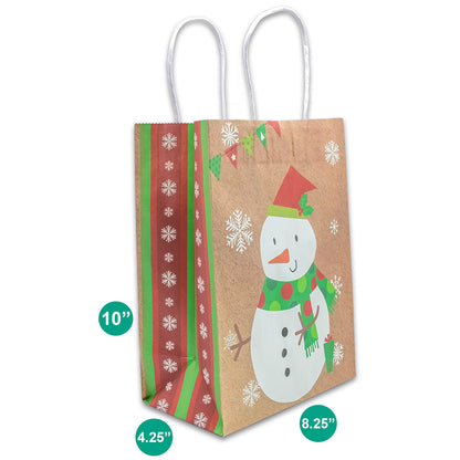 Kraft Paper Christmas Snowman Shopping Gift Bags (12-Pack)