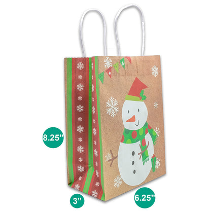 Kraft Paper Christmas Snowman Shopping Gift Bags (12-Pack)
