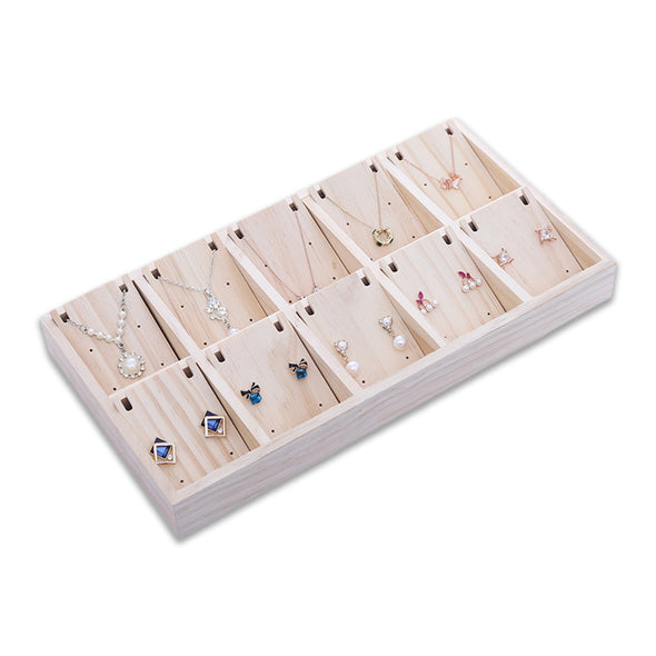 Natural Wood 10 Compartment Combination Necklace/Earring Display Tray