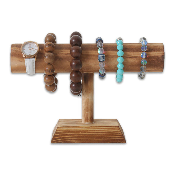 Natural Wood Walnut Color Single Round T-Bar Bracelet Display
