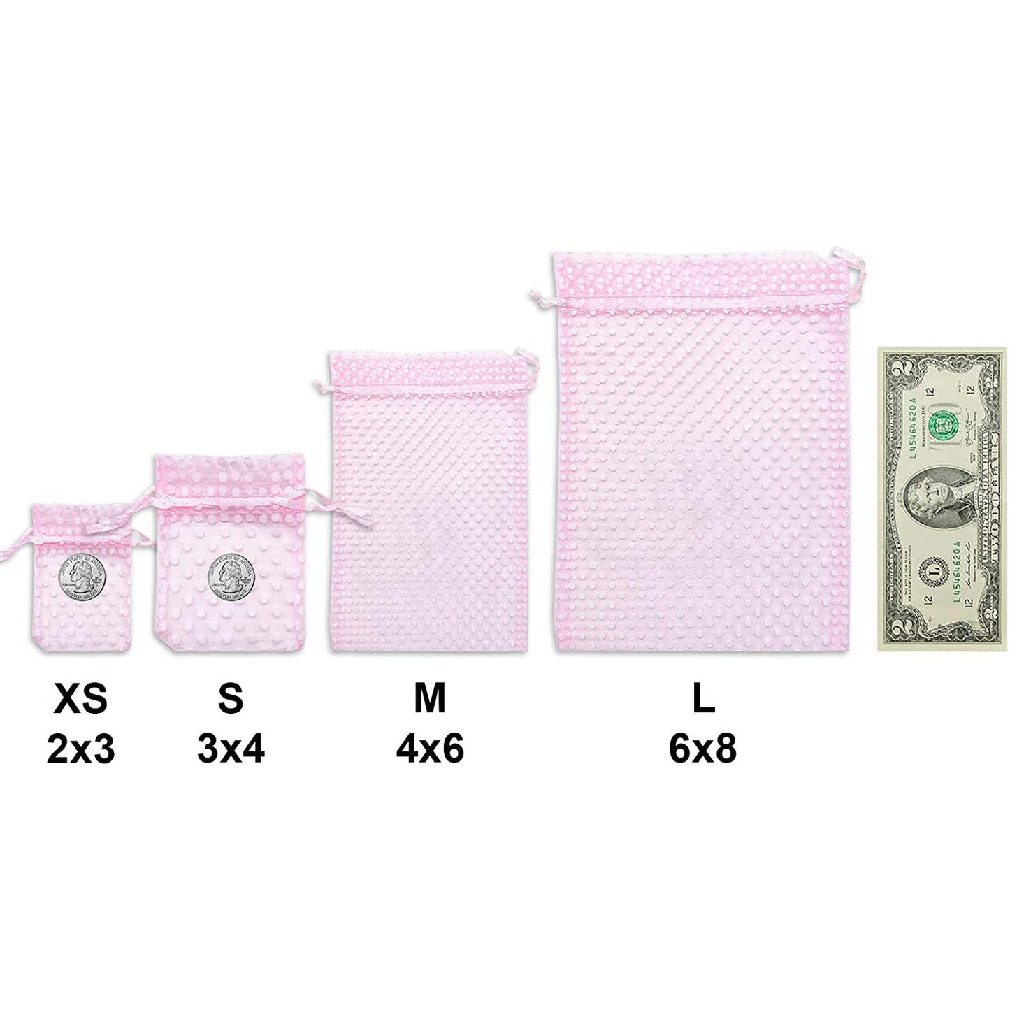Pink with White Polka Dot Organza Drawstring Pouch Gift Bags