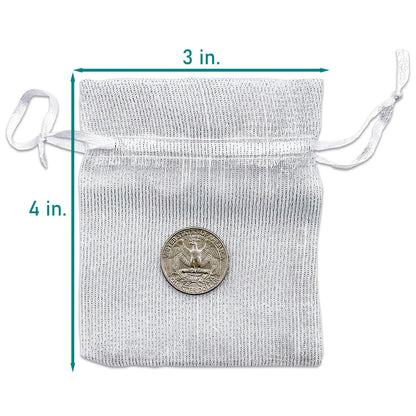 Silver Striped Weave Organza Drawstring Pouch Gift Bags