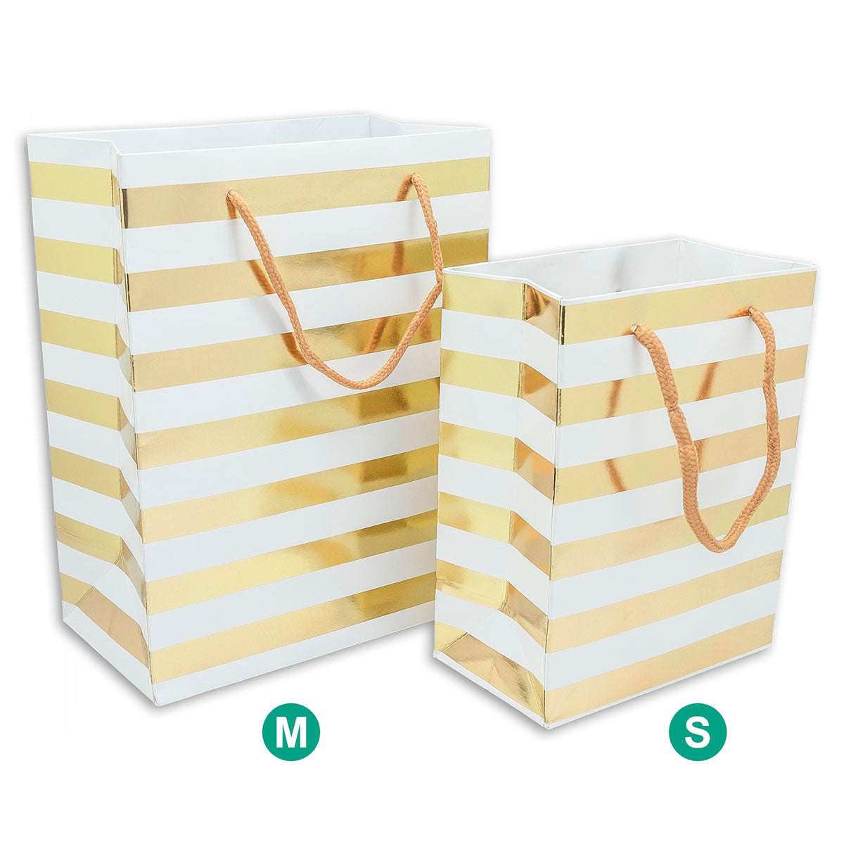 White and Gold Striped Gift Bags (12-Pack)