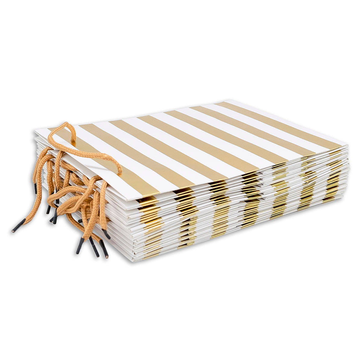 White and Gold Striped Gift Bags (12-Pack)