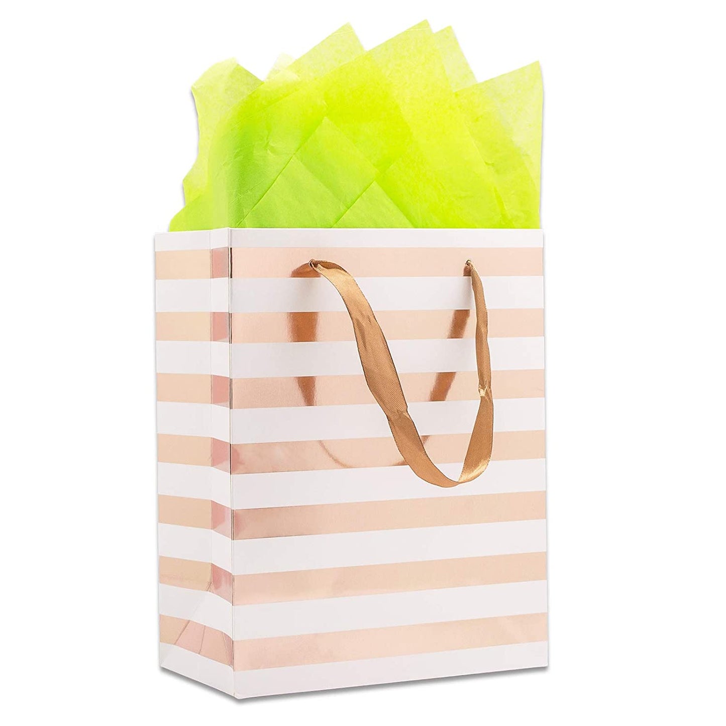 White and Rose Gold Striped Gift Bags (12-Pack)
